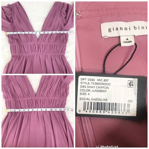 GIANNI BINI Shay Low Cut Pleated Midi Dress Long Sleeve Mauve Purple Sz 2 4 New - Picture 13 of 14